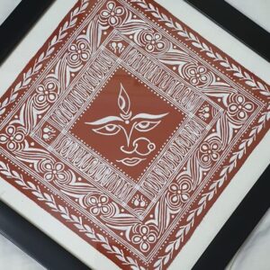 Handmade Devi Face Painting on Canvas with Geru Mitti – Uttarakhand Aipan Artwork in Wooden Frame