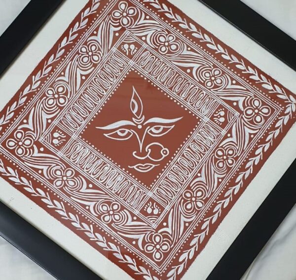 Handmade Devi Face Painting on Canvas with Geru Mitti – Uttarakhand Aipan Artwork in Wooden Frame