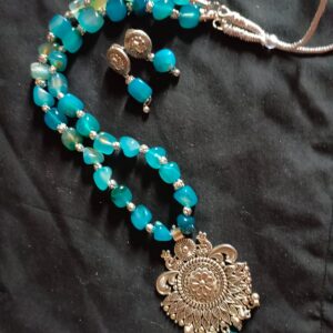 Necklace with Blue Agate Nuggets with Oxidized Peacock Pendant with Matching earrings