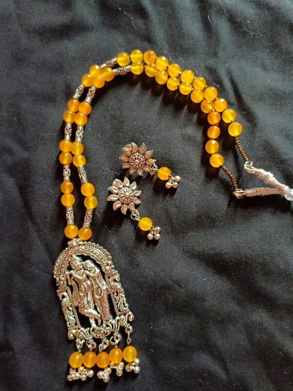 Yellow Onyx necklace with oxidized Radha Krishna Pendant