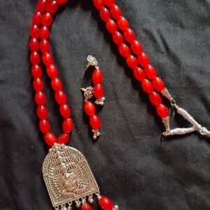Red Glass bead necklace with Ganesha Pendant