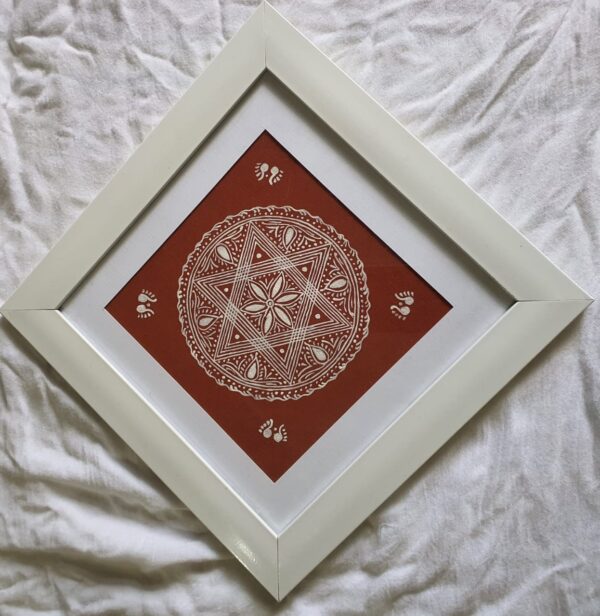 Handcrafted Elegant Lakshmi Chauki on Canvas with White Wooden Frame