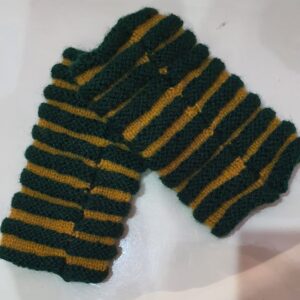 Vibrant Green and Mustard Stripe Woolen Half Gloves - Hand-knitted