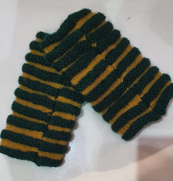 Vibrant Green and Mustard Stripe Woolen Half Gloves - Hand-knitted