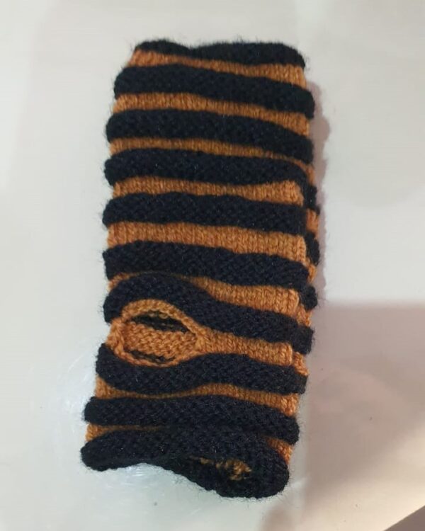 Hand-Knitted Black and Brown Stripe Wool Half Gloves – Stylish, Cozy, and Practical