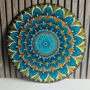 Handcrafted Turquoise-Gold Mandala Wall Art | Acrylic Dot Painting on MDF (15")
