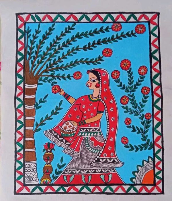 Handmade Madhubani Canvas Art: Elegant Flower Plucking Lady – Perfect for Gifts, Home, and Public Decor