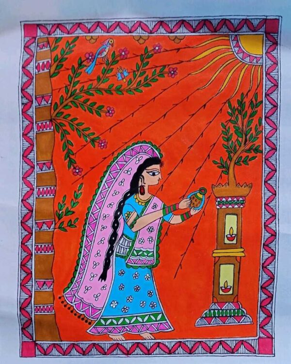 Handmade Madhubani Canvas Art: Devotional Worshiping Lady – Perfect for Home, Public Spaces, and Gifts