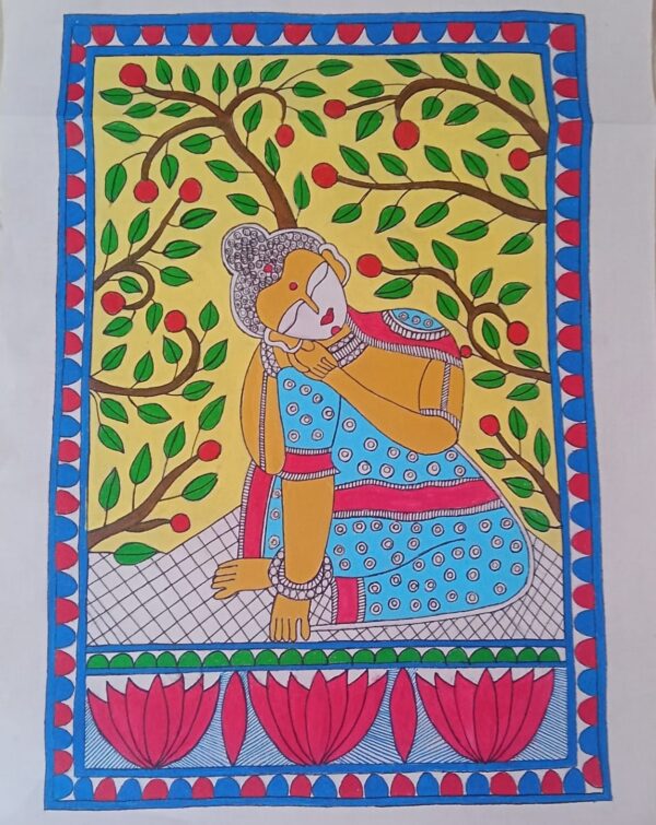 Handmade Madhubani Canvas Art: Meditating Buddha – Serene Peace for Home, Public Spaces, and Gifts