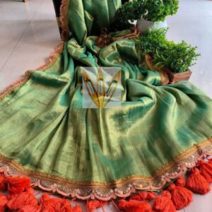 Pure Raga Tissue Silk Handcrafted Green Sari – Free Size | Traditional Elegance with Modern Grace