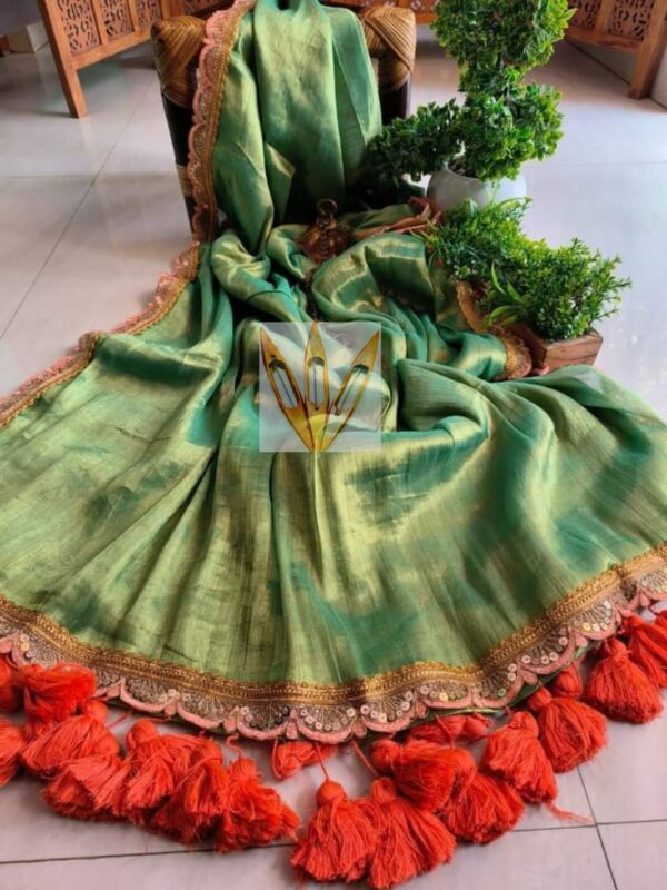 Pure Raga Tissue Silk Handcrafted Green Sari – Free Size | Traditional Elegance with Modern Grace