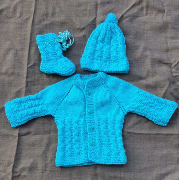 Sky Blue 100% Wool Sweater, Cap & Socks Set for Kids – Handknitted with Love
