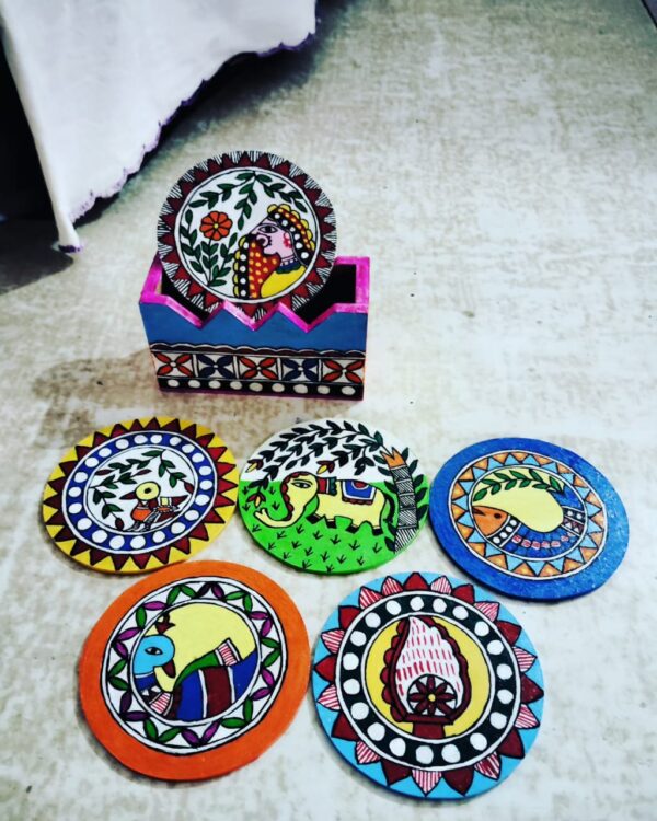 Hand-Painted Wooden Coasters Set of 6 – Unique Artisan Designs for Home Decor
