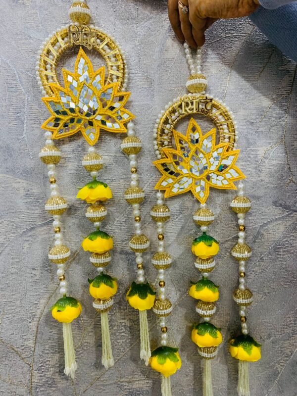 Yellow Rishi Sidhi Wall Hanging – 20 Inches | Crafted with Stone Ring, Artificial Flowers & Beaded Patchwork