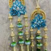 Blue Ridhi Sidhi 20-Inch Wall Hanging – Elegant Stone Ring with Artificial Flowers & Beaded Tassels
