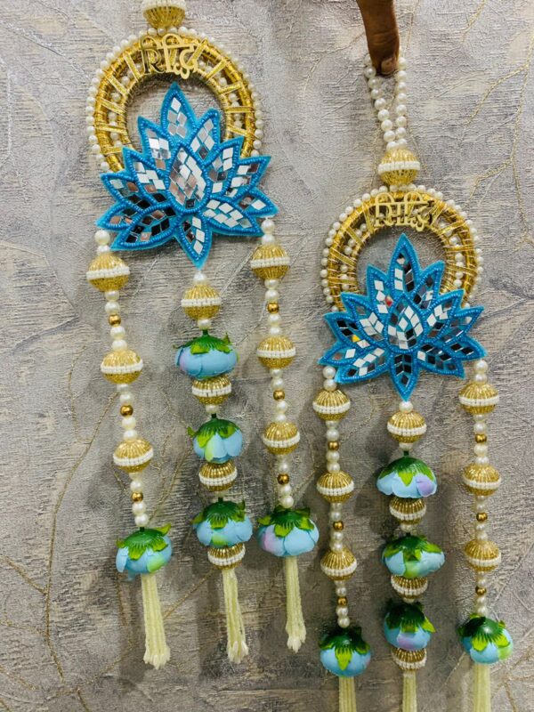 Blue Ridhi Sidhi 20-Inch Wall Hanging – Elegant Stone Ring with Artificial Flowers & Beaded Tassels