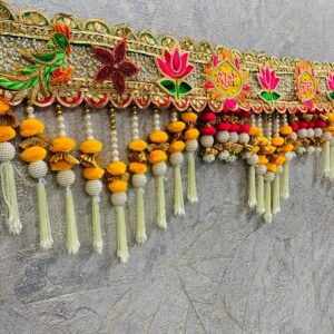 Premium Lace Toran with Beads, Latkan, & Floral Embellishments – 1ft x 3ft, Traditional Indian Wall Hanging