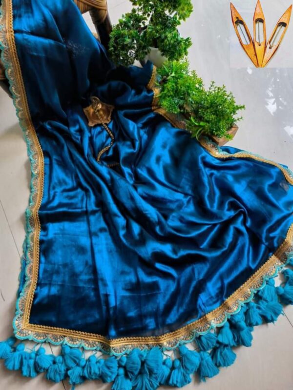 Handcrafted Pure Raga Tissue Silk Blue Sari – Free Size, Elegant and Timeless Design