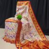 Handcrafted Paithani Silk Saree with Intricate All-Over Meena Work – Off-White with Golden & Red Border (Free Size)
