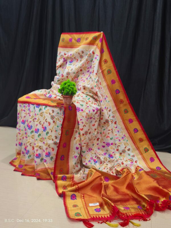 Handcrafted Paithani Silk Saree with Intricate All-Over Meena Work – Off-White with Golden & Red Border (Free Size)