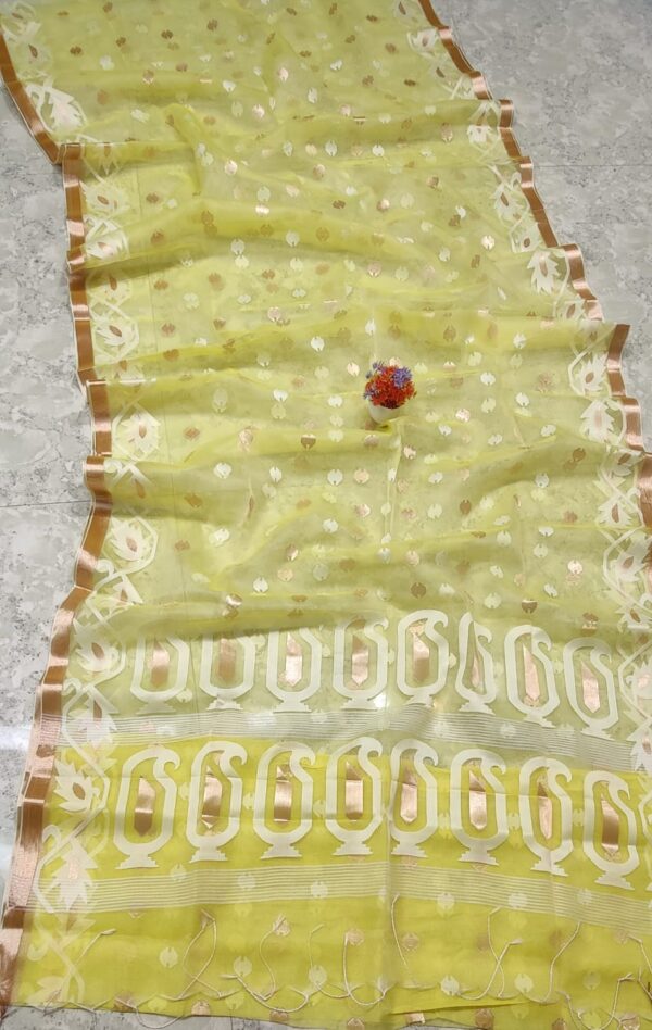Radiant Lemon Yellow Handcrafted Masline Silk Jamdani Saree with Zari Butti and Border