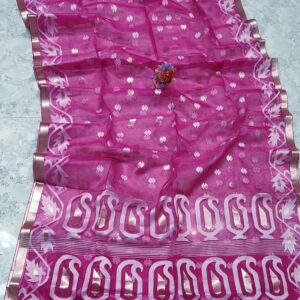 Handcrafted Muslin Silk Jamdani Magenta Saree with Jari Butti Design & Matching Blouse Piece