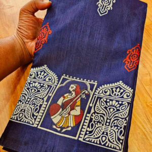 Exquisite Navy Blue Tussar Silk Handcrafted Saree – Timeless Elegance in Free Size