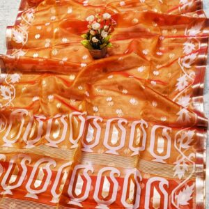 Handcrafted Orange Muslin Silk Jamdani Saree with Jari Butti Design
