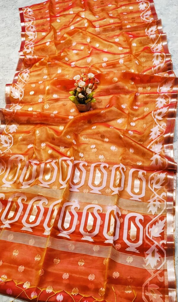 Handcrafted Orange Muslin Silk Jamdani Saree with Jari Butti Design
