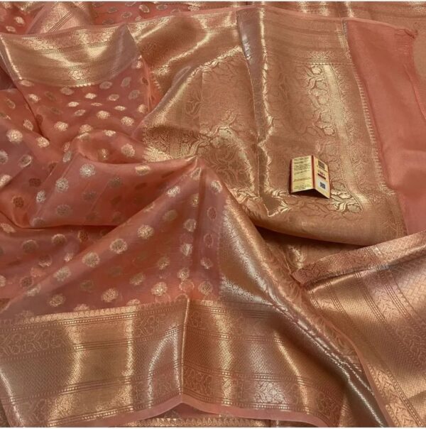 Exclusive Handcrafted Peach Banarasi Organza Saree with Zari Buti Weaving, Matching Blouse & Zari Pallu