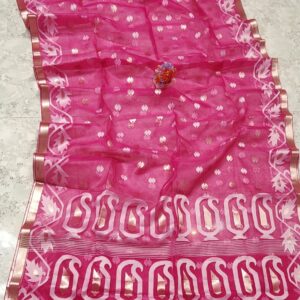 Handcrafted Muslin Silk Jamdani Pink Saree with Jari Butti Design & Matching Blouse Piece