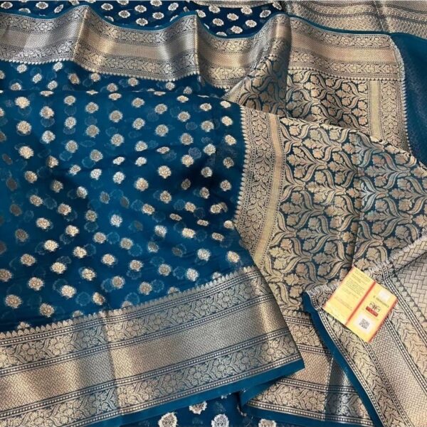 Exclusive Regal Blue Handcrafted Banarasi Organza Saree with Zari Buti & Border
