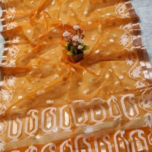 Handcrafted Muslin Silk Jamdani Saree in Yellowish Orange with All-Over Jari Butti & Border Design