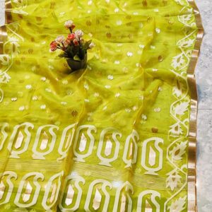 Exquisite Handcrafted Muslin Silk Jamdani Saree in Mustard Green with Jari Butti & Border Details