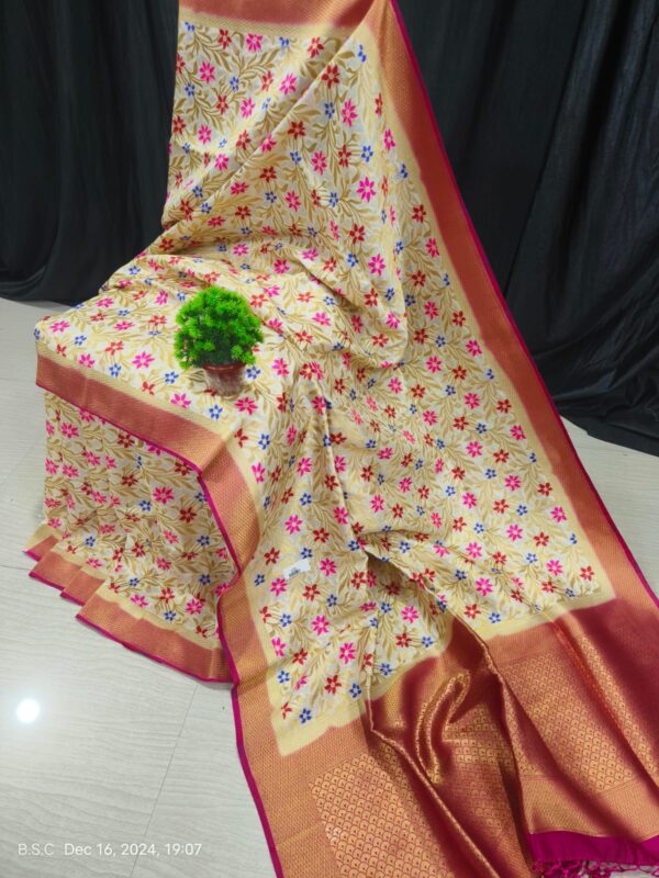 Elegant Handcrafted Off-White Paithani Silk Saree with Magenta Border and Intricate Meena Work – Includes Blouse Piece