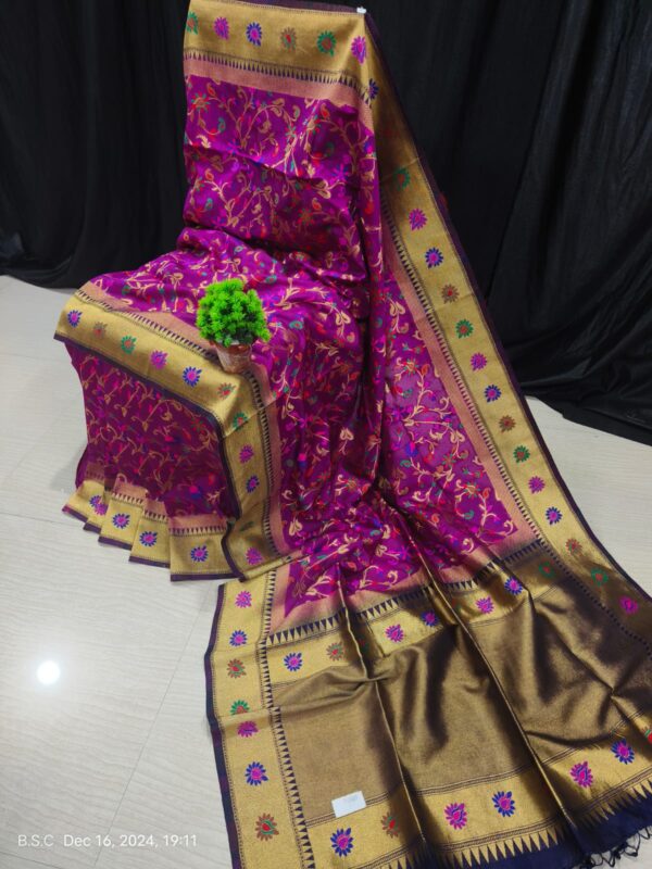 Handcrafted Paithani Silk Saree in Magenta with Golden Borders & Intricate Meena Floral Patterns