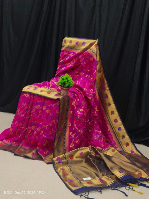 Handcrafted Paithani Silk Saree in Pink with Golden Borders & Vibrant Floral Meena Work