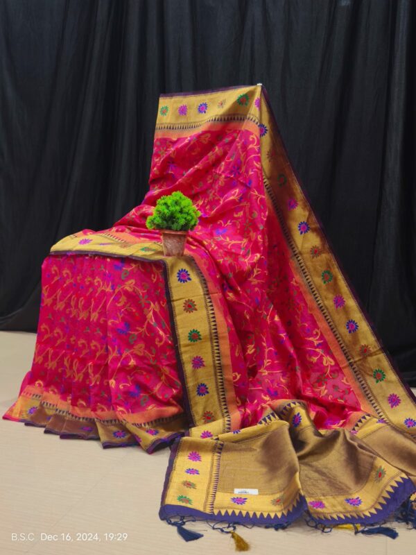 Elegant Handcrafted Paithani Silk Saree in Pink with Golden & Blue Borders and Floral Meena Work
