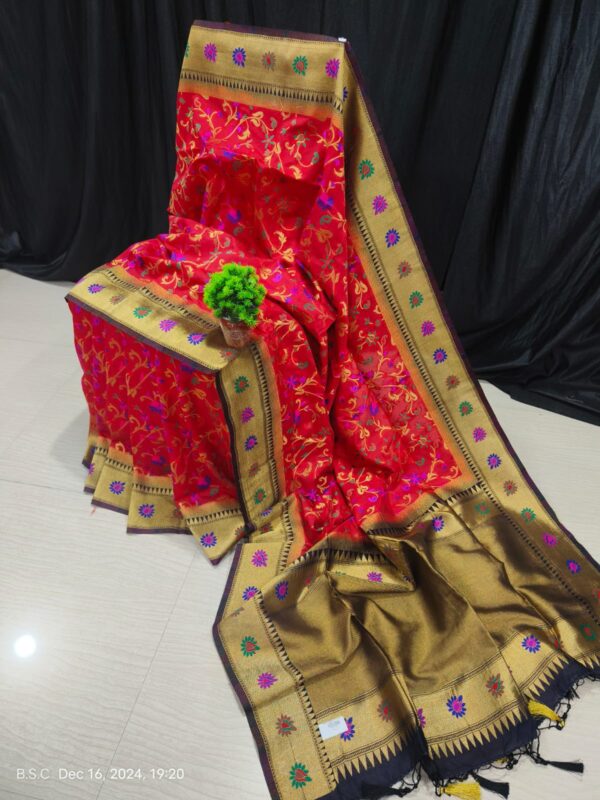 Exquisite Handcrafted Red Paithani Silk Saree with Intricate Meena Work – Includes Blouse Piece