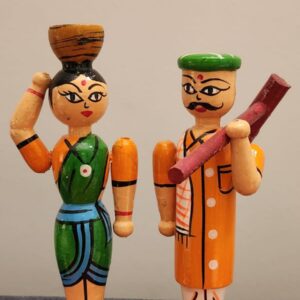 Handcrafted Channapatna Wooden Farmer Couple Idols - 5.5 Inches, Traditional Home Decor Set
