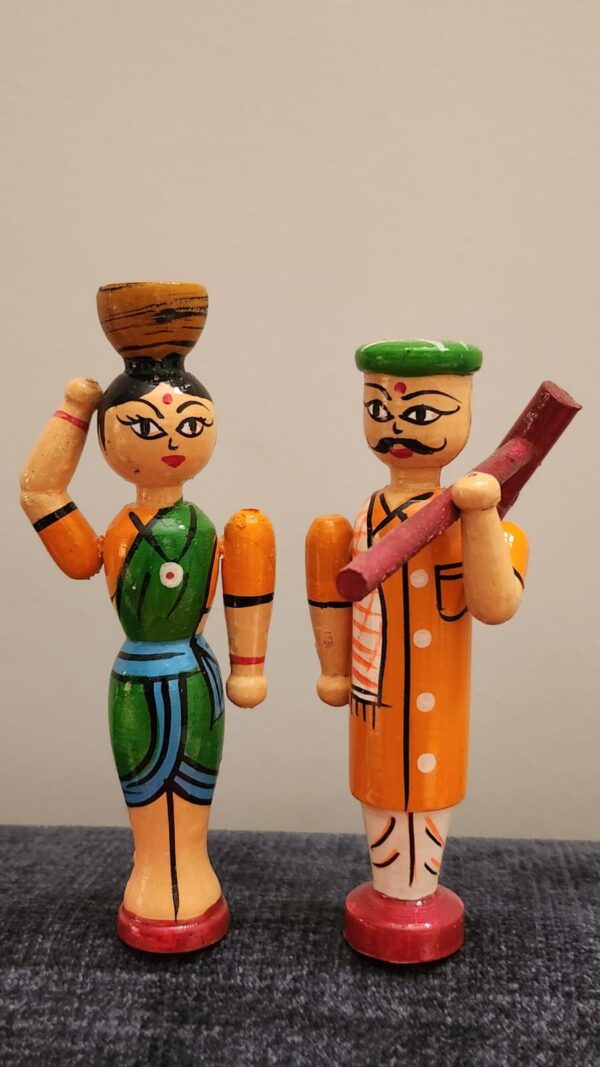 Handcrafted Channapatna Wooden Farmer Couple Idols - 5.5 Inches, Traditional Home Decor Set