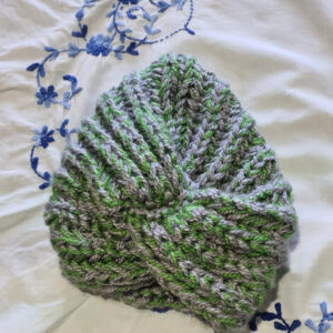 Hand Knitted Horizontal Striped Woolen Cap - Green & Grey