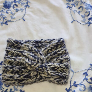 Woolen Hand-Knitted Blue, Grey & Cream Striped Headband & Neckband