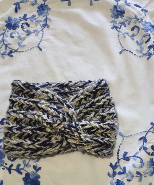 Woolen Hand-Knitted Blue, Grey & Cream Striped Headband & Neckband