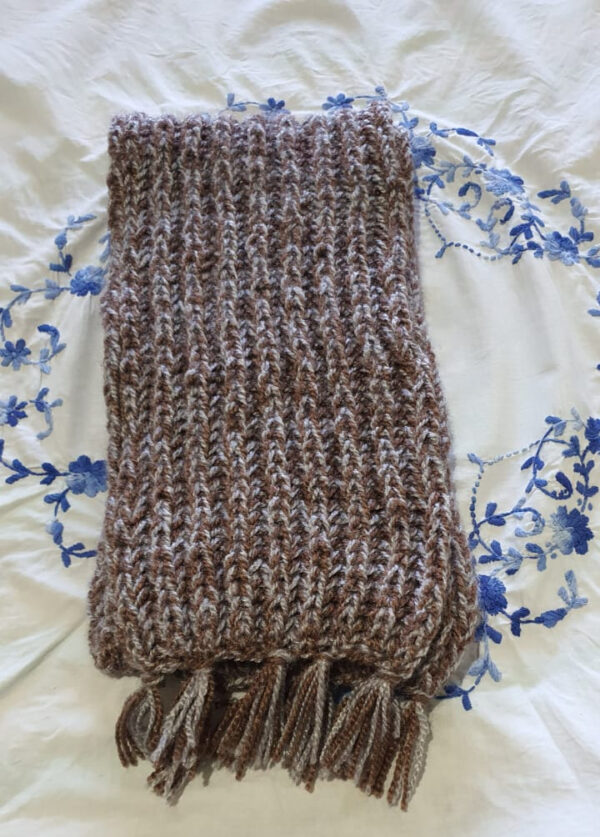 Hand-Knitted Woolen Muffler with Brown & Grey Stripes - 185x17 cm, Cozy & Stylish