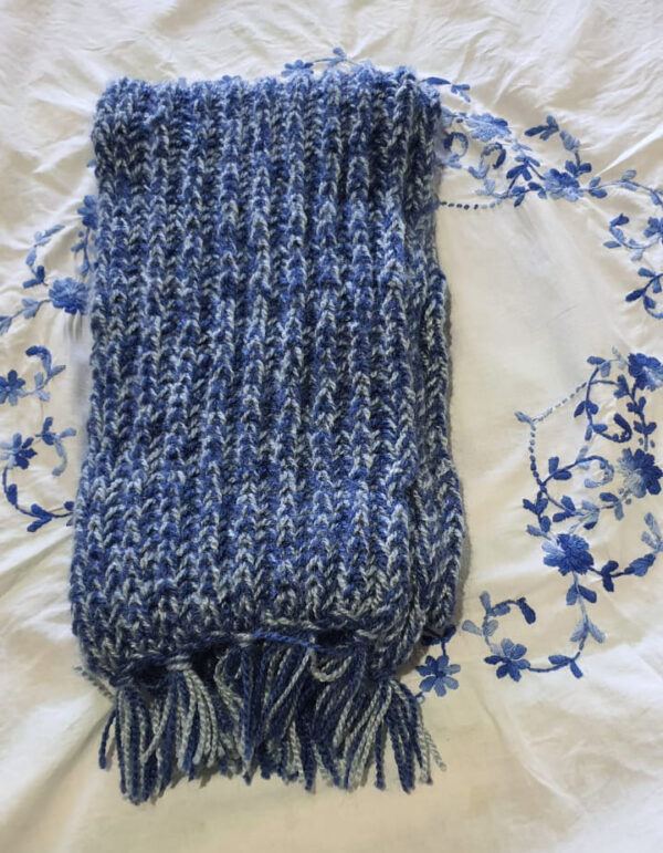 Hand-Knitted Woolen Muffler - Blue & Grey Stripes, 185x17 cm