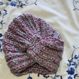 Cozy Hand-Knitted Woolen Cap – Pink & Grey Striped | Warm & Stylish Winter Hat