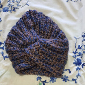 Hand-Knitted Woolen Cap with Blue & Brown Stripes - Cozy, 23cm Depth, 21cm Diameter