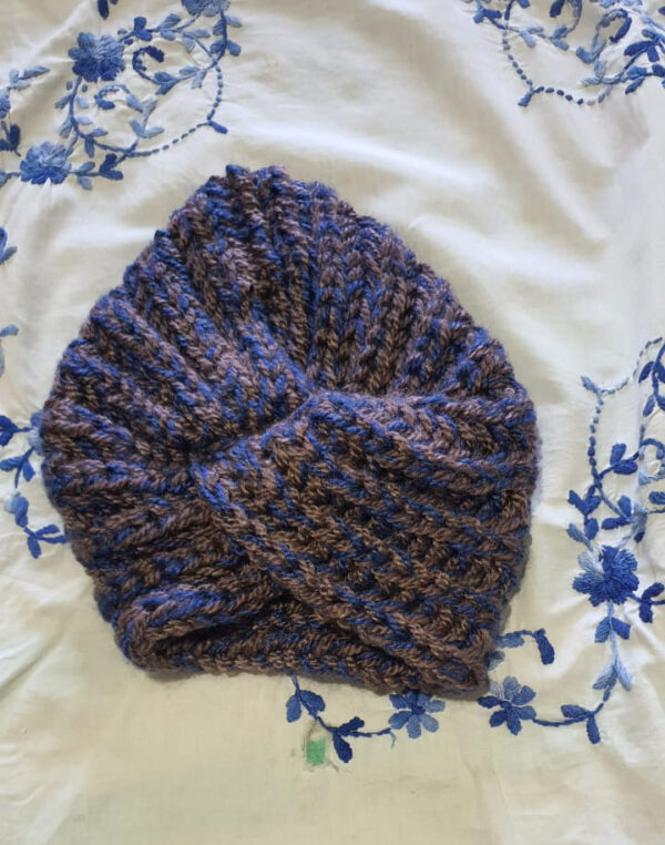 Hand-Knitted Woolen Cap with Blue & Brown Stripes - Cozy, 23cm Depth, 21cm Diameter
