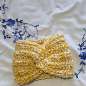 Hand-Knitted Woolen Yellow & Cream Striped Headband & Neckband Set - One Size